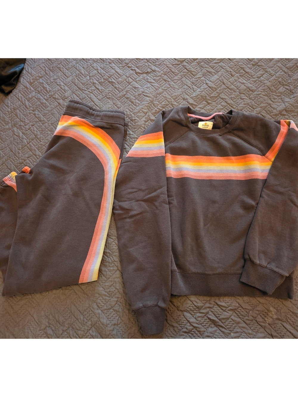 Marine Layer Charcoal Sweatshirt and Jogger Set with Rainbow Stripes